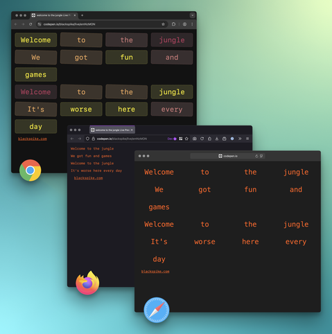 safari/chrome/firefox all showing different renderings of the same codepen css