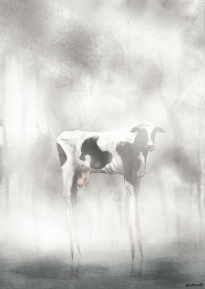 an image of a cow standing in the mist with knives for legs for some reason