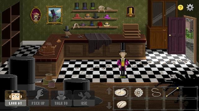 A pixel-art scene showing the inside of a Victorian hat shop for dogs!