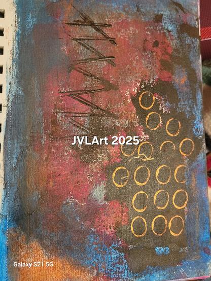 Abstract painting of blues reds black and copper.  Black and gold marks dominate