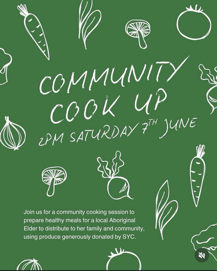 Community cook up. Green poster will veggie illustrations in white.
