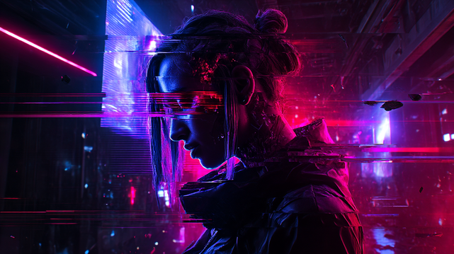 Protocole Anomalie.
Portrait cyberpunk d’une femme cyborg, distordu par des effets glitch dans une ambiance néon saturée de rose et violet.
Cyberpunk portrait of a female cyborg, distorted by glitch effects in a neon-saturated pink and purple atmosphere.