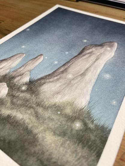 painting of standing stones at dusk, nestled in grass and surrounded by glowing orbs