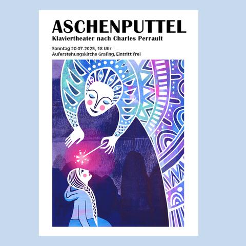 Ein Plakat für ein Theaterstück „Cinderella“. Auf weißem Hintergrund steht schwarzer Text mit Informationen über das Stück. Darunter befindet sich eine Illustration in Blautönen und weißen Linien. Eine Fee mit einem abstrakt gemusterten Kleid schwebt über einem Mädchen, das auf dem Boden kauert und zu der Fee aufschaut. Die Fee hat einen Zauberstab in der Hand, von dem ein rosa Leuchten ausgeht.