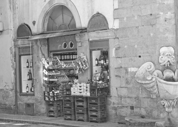 Vegetable stand in Florence, Italy black and white photograph