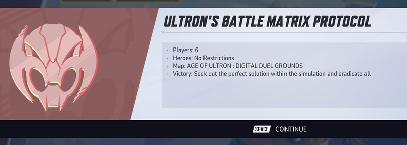 Screenshot of rules for a new game mode in Marvel Rivals. It's themed around Ultron, an AI robot that turned on humanity. The criteria for victory states "Seek out the perfect solution within the simulation and eradicate all."