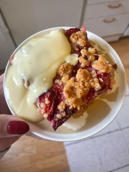 Makean piirakan pala jonka päällä on mansikkaa, raparperia ja vaniljakastiketta