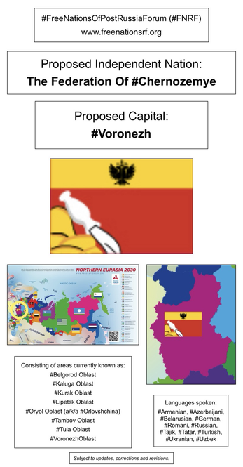 Information, flag, and maps showing proposed independent nation of The Federation Of Chernozemye (from the website of the Free Nations of Post-Russia Forum).
