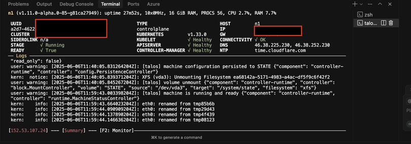 A screenshot of a talos dashboard showing that the node is ready.