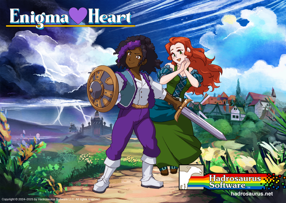 A very gay scene of Zalia: a Black fantasy hero dressed in teal, purple and white and wielding a short sword and a buckler, protecting her girlfriend Esme, a white woman with long, flowing red hair and a green-and-blue dress. Esme is swooning lesbianly. They're in a dirt path in a lush green field filled with grass and flowers. Behind them is a quaint medieval village. Further beyond that, there is an ominous-looking castle set against a backdrop of a purple-and-black, stormy sky with lightning.