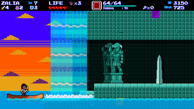 Zalia stands at the entrance of a fortress made up of greenish teal tiles. She's in a canoe in the water. A waterfall covers the entrance. Beyond the waterfall are an obelisk and two large statues of a horned figure wielding a spear. The sky outside is a brightly-colored sunset sky of blurple, orange, and gold.