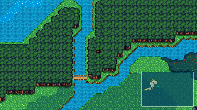 Top-down view of the overworld. Zalia is walking through a forest near a river. A swamp lies across the river from her. Only her head pokes out from the trees.