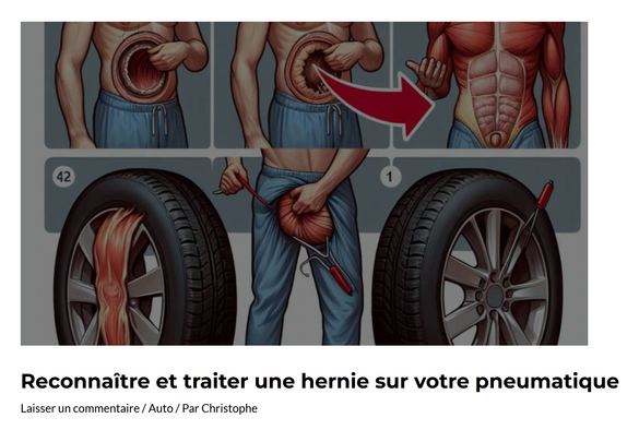 Une image générée par IA prenant l'apparence d'une page de manuel, montrant un corps humain perforé au niveau de l'abdomen (ressemblant à l'intérieur d'un pneu), puis une suite d'illustrations sombrant de plus en plus dans l'absurde, comme par exemple un pneu avec un muscle tendu par-dessus la jante comme une tranche de lard, puis le même humain se tenant l'entrejambe, au niveau de laquelle apparaissent d'étranges fibres musculaires.