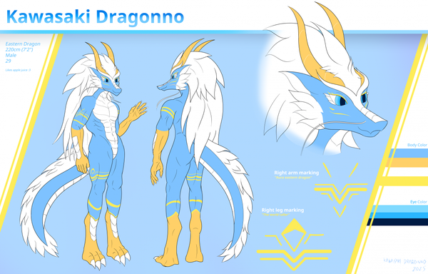 A muscular male eastern dragon with blue and white scales. And golden markings.