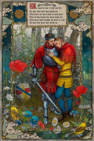 Digital artwork in the style of antique fairy tales with  detailed frame. It's Hansry fanart with Hans and Henry standing in the middle of it, Hans's head on Henry's shoulder. 
It also has a quote from a medieval love poem woven into a frame.