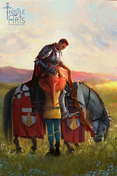 Digital oil painting in the style of  classical artworks. It's Hansry fanart.
Henry is sitting on a horse, that wears a Skalitz themed caparison. Hans stand near it and  e,braces Henry's waist as if not wanting to let him go.