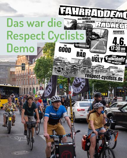 Fahrradfahrer verschiedener Altersgruppen fahren auf einer Straße in der Respect Cyclists Demo am 4.6., im Hintergrund Häuser und Autos, darüber ein Flyer zur Demo mit Texten zu sicheren Radwegen und Veranstaltungsdetails.
