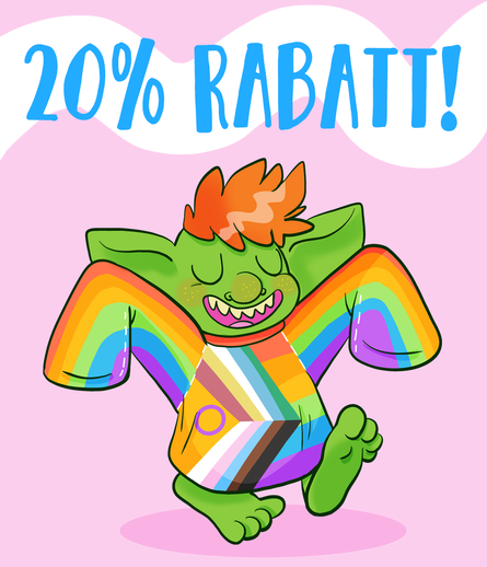 Comic Illustration: ein grüner Goblin mit rotem punkigen Haar. They läuft fröhlich herum mit den Armen in der Luft und trägt einen oversized Pulli mit Regenbogen Farben und der intersex-Inclusive Pride Progress Flagge in der Mitte, verbunden mit den Disability Pride Farben.
