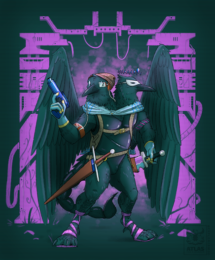 An illustration of a double headed anthro crow wielding guns and swords standing in front of an ancient purple machine gate