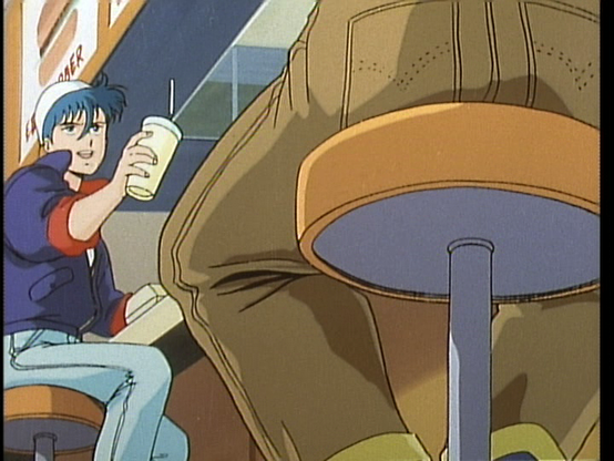 Kento and Rowen are sitting at a counter at a burger joint. We only see the back of Kento's butt on a stool - he's in his brown overalls. On the next stool over is Rowen in jeans, a blue jacket with red trim, and a backward baseball cap with his teal hair coming out. He's pointing his drink towards Kento as he says something.