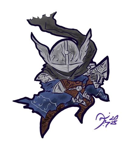 Digital sketch by Danilynn Jiibay (2025). Chibi representation of Wylder from Elden Ring: Nightreign