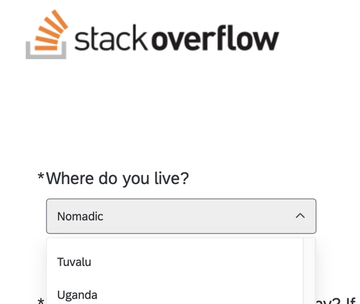 A screenshot of the StackOverflow Developer Survey showing the StackOverflow logo, the question “Where do you live?” with the answer “Nomadic” selected in a dropdown menu.
