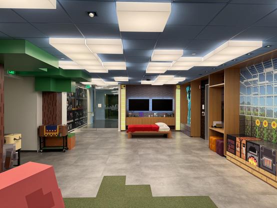 A very fancy conference room that looks like Minecraft.