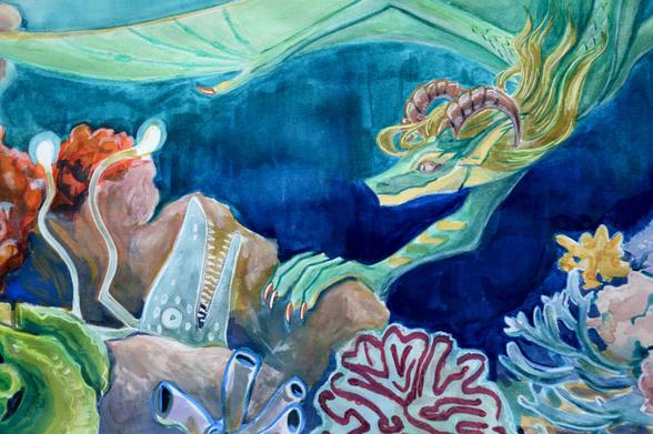 A dragoness looking at a moray whilst diving. She is holding onto a rock. Traditionally drawn.
