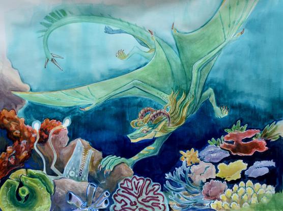 A dragoness diving with spread wings to a coral reef. She is looking at a moray. Drawing traditionally.