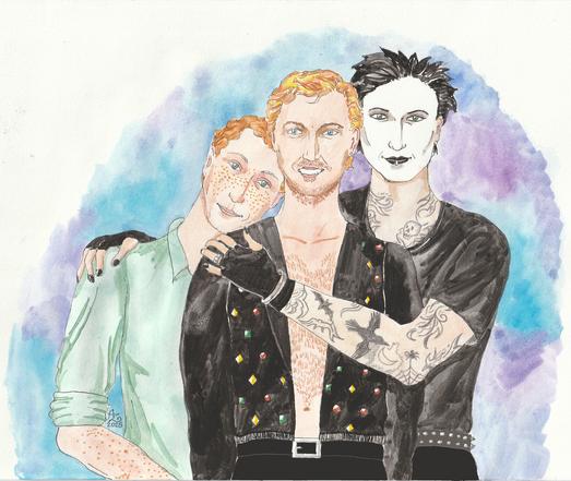 The artwork shows three men: On the left, a man who is leaning his head on the shoulder of the man in the middle. He has curly red-brown hair and wears a button-down shirt. The man in the middle has a dry-blow hairstyle and has brown hair. He is wearing a black blazer and no shirt.
Next to him on the right is a goth with black-died short hair, heavy makeup (also white foundation for the face), wearing a black t-shirt and fingerless black gloves. The goth has put one hand around the man in the middle and one hand on the shoulder of the man on the left.