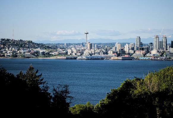 A photo of downtown Seattle from across the water in West Seattle. The space needle is small and centered in the shot. there are trees in the bottom foreground framing the water in a subtle V shape.