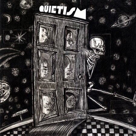 Album cover for Quietism by IAlive. A surreal, hand-drawn, black-and-white illustration features a skeleton pulling open a door with multiple human faces embedded in its panels. The door opens into a cosmic landscape filled with stars, planets, and checkerboard flooring, evoking themes of death, introspection, and the unknown.