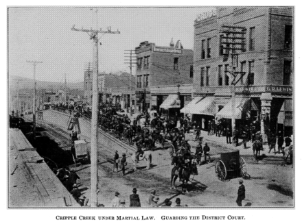 Cripple Creek, Colo., under martial law in 1894. By Rastall, Benjamin McKie. University of Wisconsin. - https://archive.org/details/laborhistoryofcr00rast/page/20/mode/2up, PD-US, https://en.wikipedia.org/w/index.php?curid=5887846