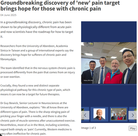Groundbreaking discovery of 'new' pain target brings hope for those with chronic pain
04 June 2025
2025-06-04
University of Aberdeen
University of Aberdeen
The University of Aberdeen
PlayImage 1 of 3
In a groundbreaking discovery, chronic pain has been shown to be physiologically different from acute pain and now scientists have the roadmap for how to target it.

Researchers from the University of Aberdeen, Academia Sinica in Taiwan and a group of international experts say the discovery brings hope for sufferers of chronic pain and fibromyalgia.

The team identified that in the nervous system chronic pain is processed differently from the pain that comes from an injury or over exertion.

Crucially, they found a new and distinct separate physiological pathway for this chronic type of pain, which means it can now be a target for future therapies.

Dr Guy Bewick, Senior Lecturer in Neurosciences at the University of Aberdeen, explains: “We all know there are different types of pain. There is the sharp stinging pain of pricking your finger with a needle, and there is also the chronic pain of muscle soreness after unaccustomed exercise. Nevertheless, most of us in the West, including scientists, regard both simply as 'pain'. Currently, Western medicine is very often ineffective for chronic pain.