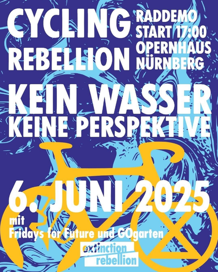 dunkelblaues sharpic mit hellen Wellen-Muster:
CYCLING REBELLIOn
Kein Wasser
Keine Perspektive
6. Juni 2025
mit Freidays for Future