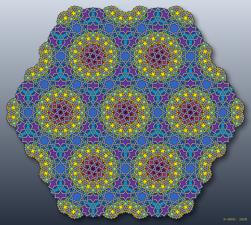 Abstract mathematical art. Colourful polygons tiled side to side with an intricate knot weaved on top of it.