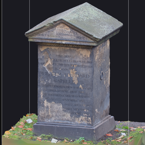 Gerade Grabsteine sind Wind und Wetter ausgesetzt und können schnell beschädigt werden. Um den IST-Zustand zu dokumentieren, habe ich eine Reihe verschiedener Grabsteine des Hannoveraner Gartenfriedhofs 3D digitalisiert. Diese Digitalisate können zur späteren Sanierung, Analyse und Vergleich mit anderen Steinen sowie für die Ahnenforschung eingesetzt werden. Sollte den Steinen etwas zustoßen wie Erosion, Vandalismus oder Diebstahl, ist trotzdem die Aufschrift, Form und Anmutung sicher erfasst.

Die gezeigten Abbildungen zeigen das erste Modell direkt nach der Berechnung.

#3DScan #Grabstein #Hannover #praehist3d #Dokumentation #Sanierung #Denkmalschutz #Denkmal #Digitalisierung