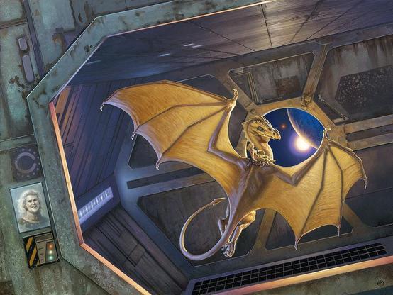 In the cargo hold of a spaceship, a dragon floats with female rider saddled high on its shoulders. Gripping reins, she cranes her neck back to glance at the viewer. Disorienting, the perspective into the cargo hold is slightly angled with the lines of interior structure not quite lining up with the wide octagonal bulkhead leading into it. There is no true horizon to orient on which prompts a sense of weightlessness and implies slow rotation. The hold itself is cropped with the right of it falling off-panel. Just past the dragon, a large porthole provides a view planet-side with sun partially obscured behind a bright arc. A red dot burns menacingly nearby. In the lower left, an access panel glows with dots of red, yellow, and green. The display screen just above is lit with a picture of the author. Her hair is white and her smile is warm.