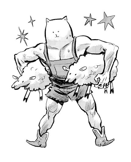 Doodle of a muscular overalls wearing guy with a sheep under each arm and with a simple cartoon cat head