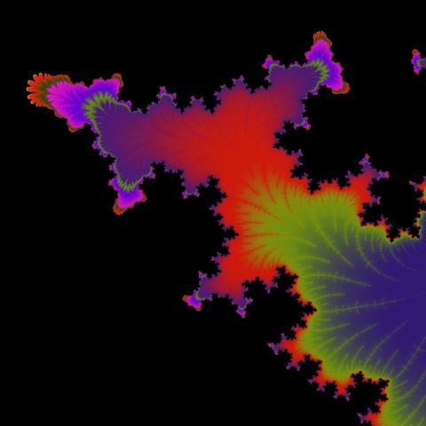 A render of the mandelbrot set using randomised colours. The centre point is -1.5220701784765842 + -0.00020136221684125875i and we are zoomed to 4.0721066877e+08 magnitude.