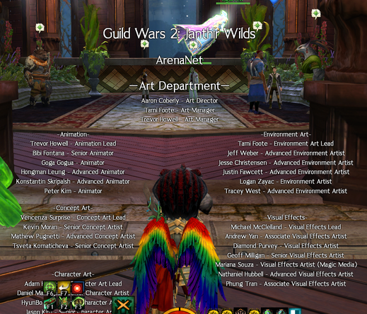 Screenshot of my character looking out into a hall with NPCs (the Alliance conference hall) while the Janthir Wilds credits roll.