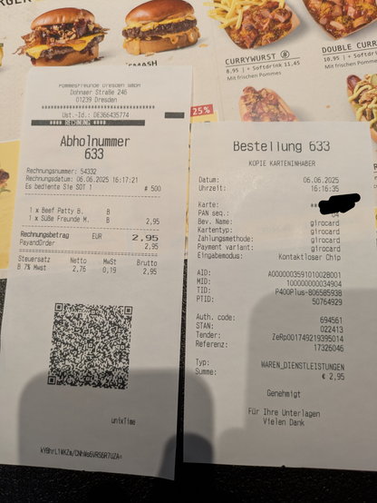 Kassenzettel vom Bürgerladen, 2,95€ fur ein Bürgermenü.