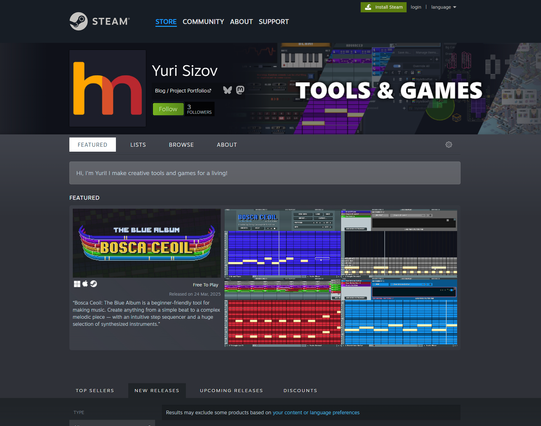 A screenshot of the developer/publisher page for me, Yuri Sizov, as seen on Steam. It features Bosca Ceoil Blue, my free music making app.