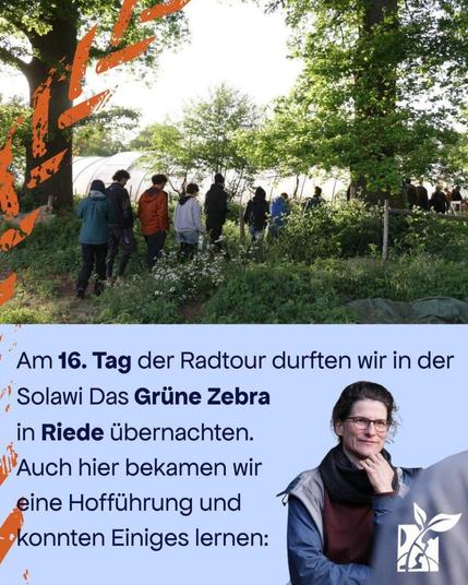 Bildbeschreibung: Oben ein Foto mit Menschen, die durch Gebüsch zu einem Folienhaus gehen. 
Unten: Foto einer Person mit Brille
Unten rechts das Disrupt-Logo
Text: Am 16. Tag der Radtour durften wir in der Solawi Das Grüne Zebra in Riede übernachten. Auch hier bekamen wir eine Hofführung und konnten einiges lernen: