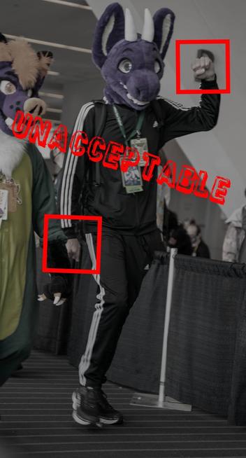 A desaturated image of Adelair at the AC2022 parade where he is in a tracksuit with bare hands visible. The word "Unacceptable" is photoshopped on, and his bare hands have rectangles around them. Photo by sirdrewthefree.