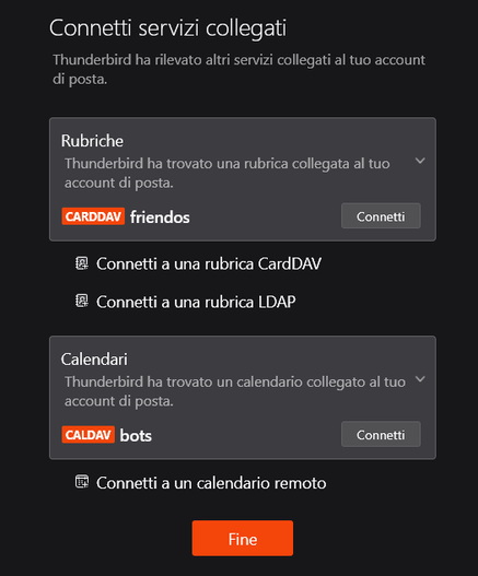 Thunderbird asking what services to add, after having configured an inbox (those services are address books and calendars)