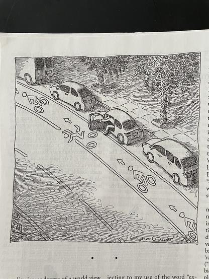 Black and white cartoon of a street scene. Cars are parked along a curb. A bike lane runs right along the parked cars. The bike lane has a series of the standard painted bicyclist image and directional arrow. One, however, has has the bicyclist being knocked into the car travel lane by a driver who opened his car door.