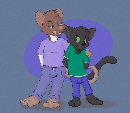 A rat puts his arm around his boyfriend, a shorter black cat, licking his muzzle while looking at the feline like he's some sort of snack