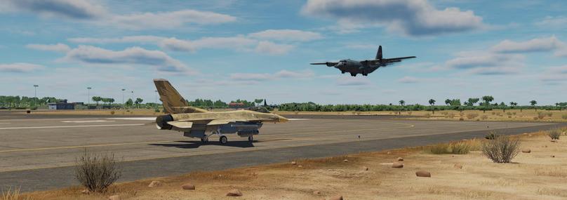 Screenshot from DCS, C-130 transport plane landing while a F-16 is getting refueled and re-armed on the front.