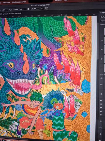 Here’s a photo of my computer screen, showing Photoshop with a drawing in the process of being colored. The illustration shows two characters running to escape a kind of giant lizard that is chasing them.